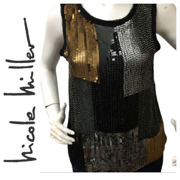 ‎Nicole Miller black/gold sequin top -- S - Picture 2 of 8
